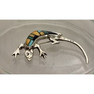 Leonard Martza ZUNI Sterling Inlay Spiny Oyster/Turquoise/Onyx LIZARD Brooch